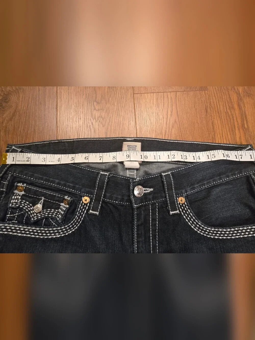 True Religion Ricky Straight Jeans Mens 34x34 Dark Wash Made USA Contrast Stitch
